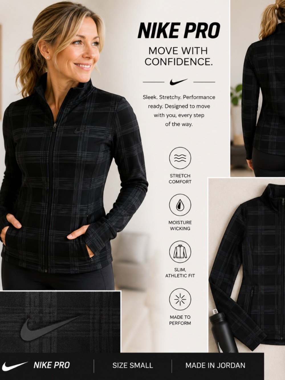 Nike Pro Black Plaid Full Zip Performance Jacket Women’s Small